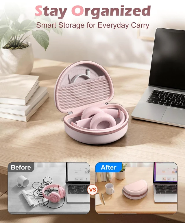 Alt view image 6 of 7 - Hard Case for Beats Solo 4/Solo 3 & Studio Pro/Studio 3 -Cloud Pink EVA Shockproof Hard Shell, Mesh Pocket for Cables, Portable Travel Storage Bag with Hand Strap, Lightweight Carrying Case
