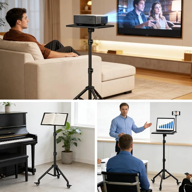 Alt view image 2 of 7 - Projector Stand on Wheels, 29-44in Height Adjustable Tripod Metal rolling laptop projector tripod with 15x11in tray, 180 tilt and lockable casters for home, office and stage