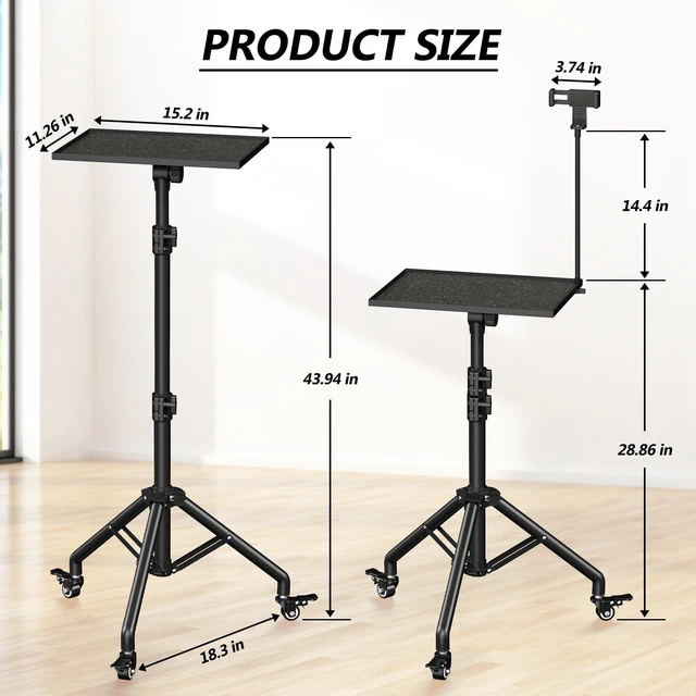 Alt view image 6 of 7 - Projector Stand on Wheels, 29-44in Height Adjustable Tripod Metal rolling laptop projector tripod with 15x11in tray, 180 tilt and lockable casters for home, office and stage