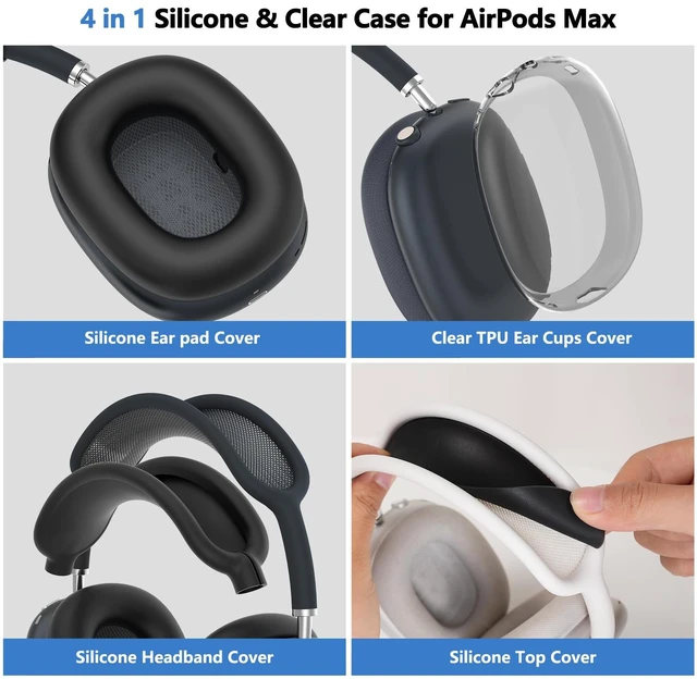Alt view image 3 of 7 - for AirPods Max Case Cover/AirPods Max 2 Case Cover, Black (4 in 1) Ear Pad Case Cover/Ear Cups Cover/Headband Cover for Apple AirPods Max 2/1 Headphones,Clear Soft TPU and Silicone Accessories