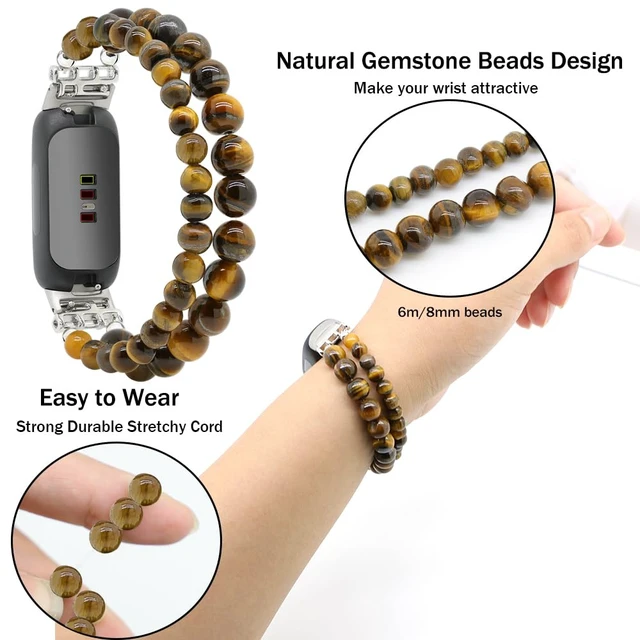 Alt view image 4 of 6 - Bracelets Compatible with Fitbit Inspire 3 Bands for Women Beaded Wristband Adjustable Gemstone Replacement Straps