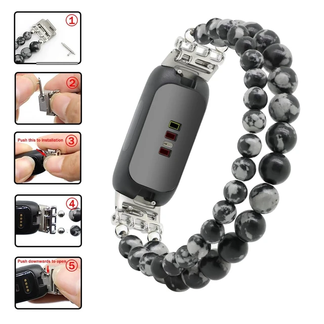 Alt view image 5 of 6 - Bracelets Compatible with Fitbit Inspire 3 Bands for Women Beaded Wristband Adjustable Gemstone Replacement Straps