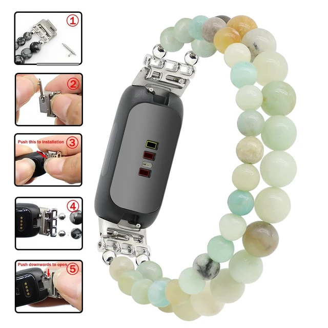 Alt view image 6 of 6 - Bracelets Compatible with Fitbit Inspire 3 Bands for Women Beaded Wristband Adjustable Gemstone Replacement Straps