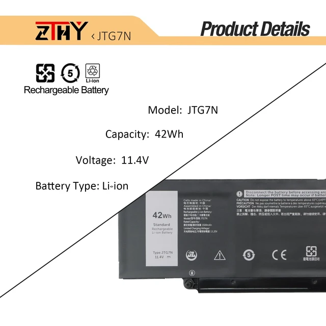 Alt view image 3 of 7 - 42Wh JTG7N GRWKG Battery for Dell Latitude 5340 5350 5440 5450 5540 5550 7455 3340 3440 3450 3540 3550 Precision 3480 3490 3580 3590 inspiron 14 Plus 7441 R73TC DR02P 542WP 7RDGP 803W6 11.4V 3-Cell