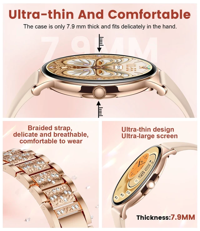 Alt view image 2 of 7 - Ultra-Thin Smart Watch for Women,1.43" Always-on Display Smart Watch with Bluetooth Call,Health Tracker 100+ Sports Modes, Mutifuction Women Smartwatch for Android iOS 2 Straps(Gold)