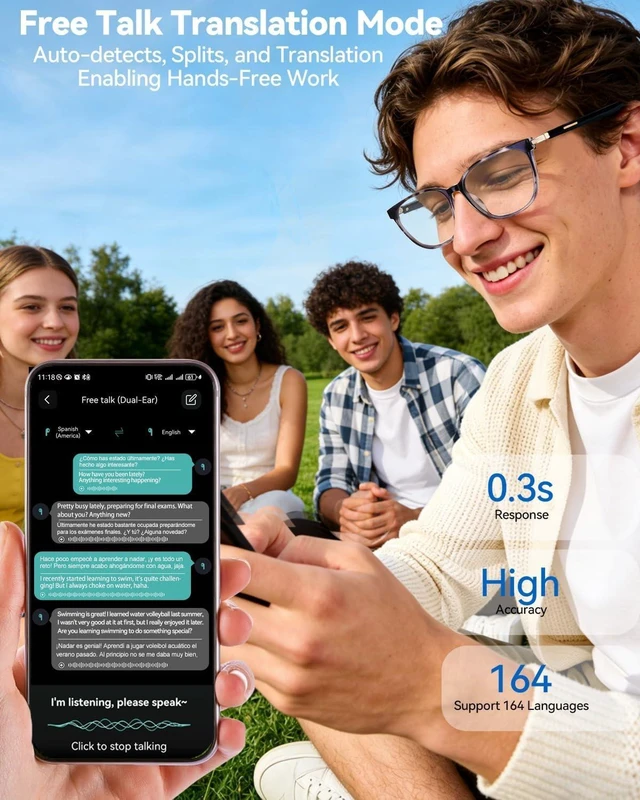 Alt view image 2 of 7 - Ai Smart Glasses Men Women with Real-Time Translation Color-Change Lens, Music & Calls w/Bluetooth 5.4, Al Voice & Meeting Assistant, Lightweight & Comfortable, Thin Temples