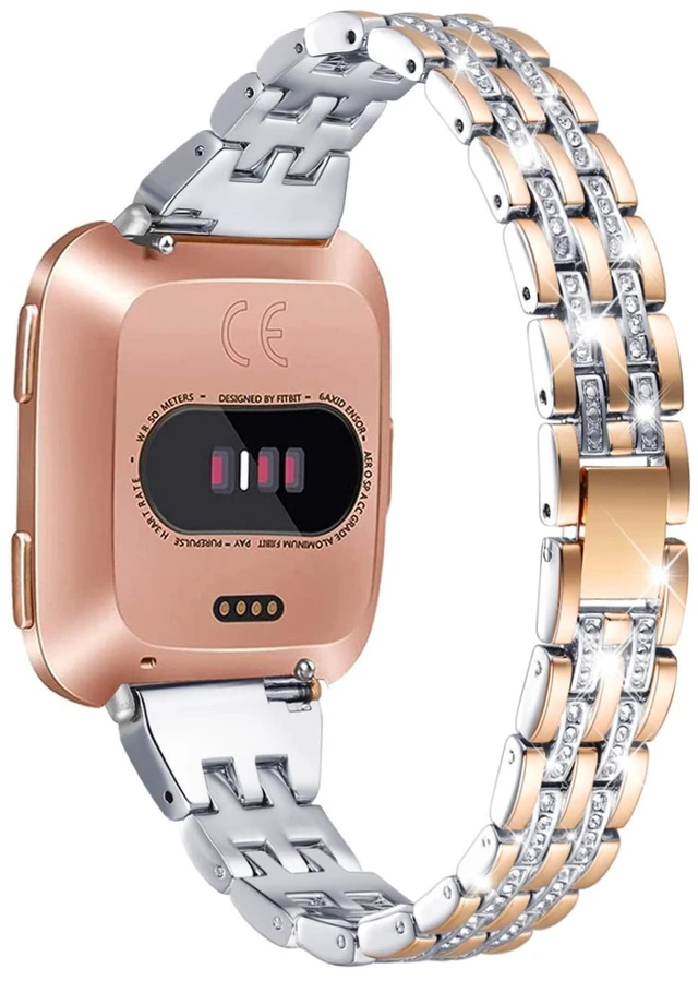Main image of Bands Compatible with Fitbit Versa 2/Versa Lite/Versa, Women Replacement Metal Rhinestone Bling Bracelet Wristband, Copper Gold with Silver