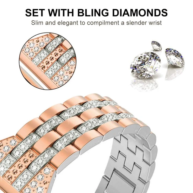 Alt view image 3 of 5 - Bands Compatible with Fitbit Versa 2/Versa Lite/Versa, Women Replacement Metal Rhinestone Bling Bracelet Wristband, Copper Gold with Silver