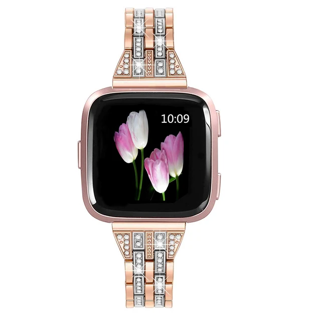 Alt view image 2 of 5 - Bands Compatible with Fitbit Versa 2/Versa Lite/Versa, Women Replacement Metal Rhinestone Bling Bracelet Wristband, Copper Gold with Silver