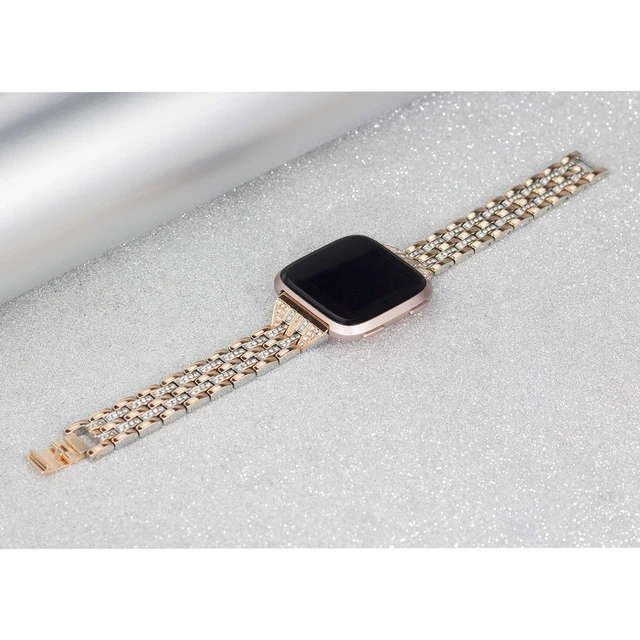 Alt view image 5 of 5 - Bands Compatible with Fitbit Versa 2/Versa Lite/Versa, Women Replacement Metal Rhinestone Bling Bracelet Wristband, Copper Gold with Silver
