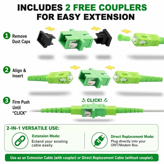Alt view image 5 of 7 - 100FT/30M Replacement SC/APC to SC/APC Fiber Optic Internet Cable Armored Pet-Proof OS2 Single Mode Simplex Extension Patch Cord, for AT&T Fiber, Verizon Fios & Google Fiber, with 2 Couplers
