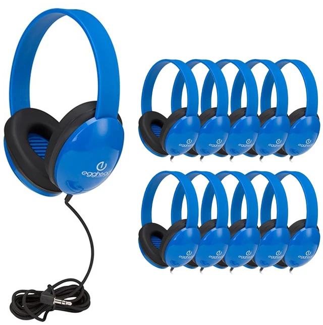 Main image of Heavy-Duty Kids' Headphones with Padded Ear Cups and 6' Cord, Adjustable Tangle-Free Plastic Classroom Headphones for Kids, Pack of 10, Blue