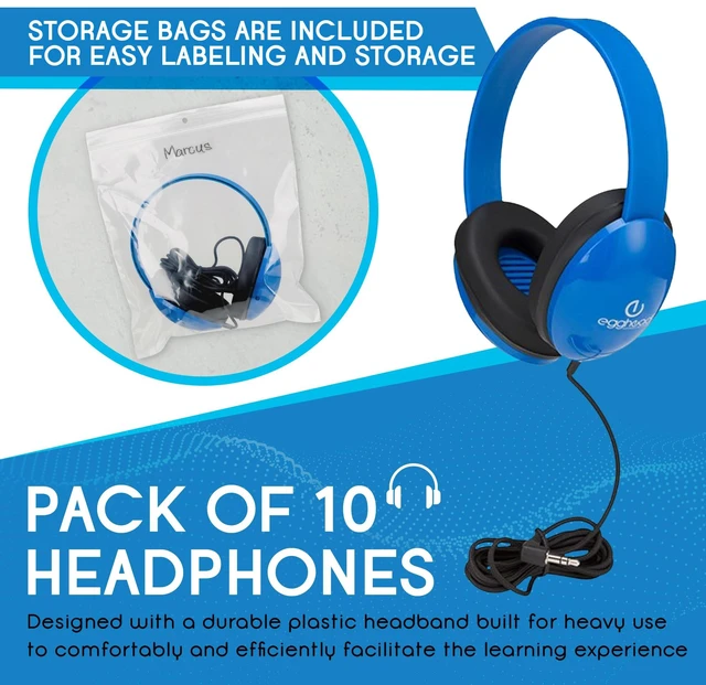 Alt view image 4 of 7 - Heavy-Duty Kids' Headphones with Padded Ear Cups and 6' Cord, Adjustable Tangle-Free Plastic Classroom Headphones for Kids, Pack of 10, Blue