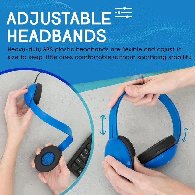 Alt view image 7 of 7 - Heavy-Duty Kids' Headphones with Padded Ear Cups and 6' Cord, Adjustable Tangle-Free Plastic Classroom Headphones for Kids, Pack of 10, Blue