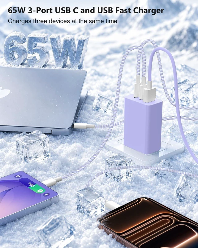 Alt view image 2 of 7 - 65W USB C Super Fast Charger for Samsung S26 Ultra,3-Port Type C Laptop Adapter Block with 3+6ft USB&3+6+10+10ft USBC Cable for Samsung Galaxy S26 Ultra S25/S24/S23,Tab,MacBook, iPhone 17/16-Purple