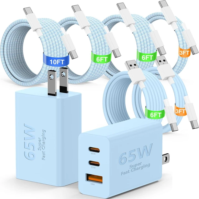 Main image of 65W USB C Super Fast Charger for Samsung S26 Ultra,3-Port Type C Laptop Adapter Block with 3+6ft USB&3+6+10+10ft USBC Cable for Samsung Galaxy S26 Ultra S25/S24/S23,Tab,MacBook, iPhone 17/16-blue