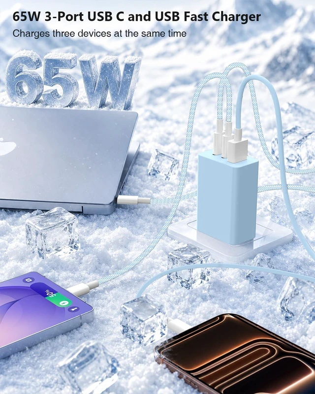Alt view image 2 of 7 - 65W USB C Super Fast Charger for Samsung S26 Ultra,3-Port Type C Laptop Adapter Block with 3+6ft USB&3+6+10+10ft USBC Cable for Samsung Galaxy S26 Ultra S25/S24/S23,Tab,MacBook, iPhone 17/16-blue