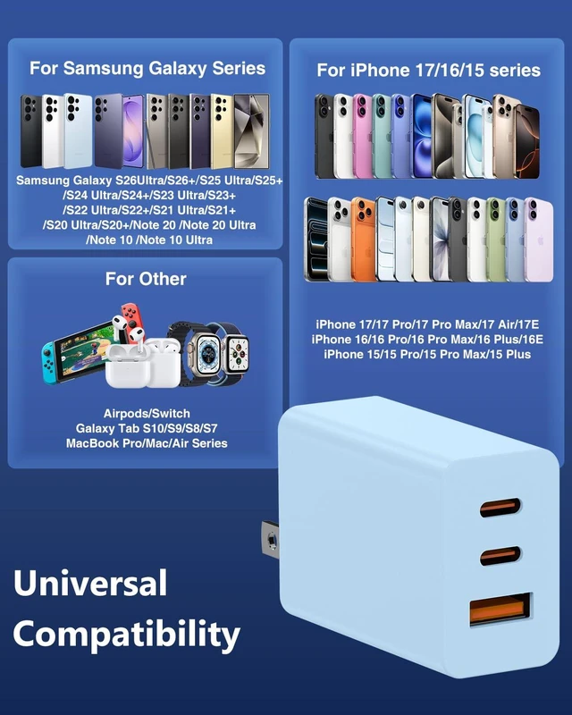 Alt view image 7 of 7 - 65W USB C Super Fast Charger for Samsung S26 Ultra,3-Port Type C Laptop Adapter Block with 3+6ft USB&3+6+10+10ft USBC Cable for Samsung Galaxy S26 Ultra S25/S24/S23,Tab,MacBook, iPhone 17/16-blue