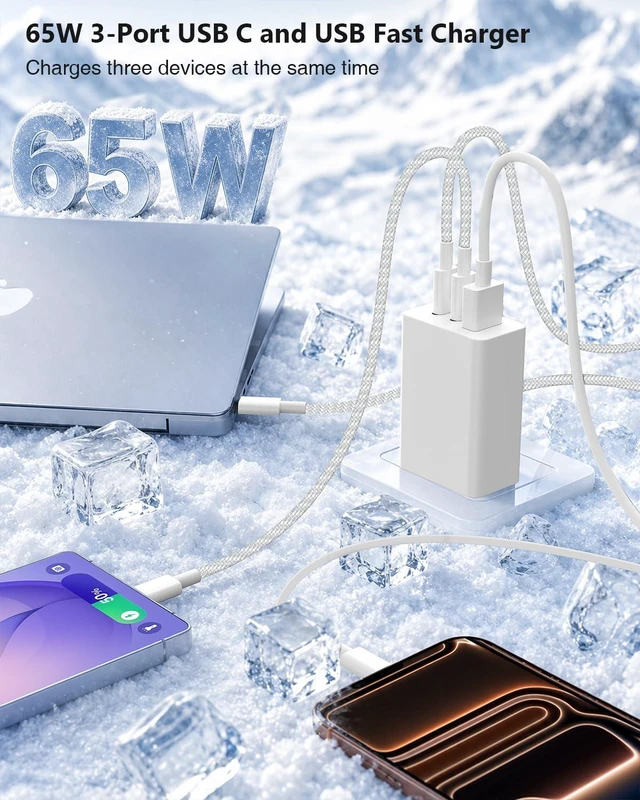Alt view image 2 of 7 - 65W USB C Super Fast Charger for Samsung S26 Ultra,3-Port Type C Laptop Adapter Block with 3+6ft USB&3+6+10+10ft USBC Cable for Samsung Galaxy S26 Ultra S25/S24/S23,Tab,MacBook, iPhone 17/16-White