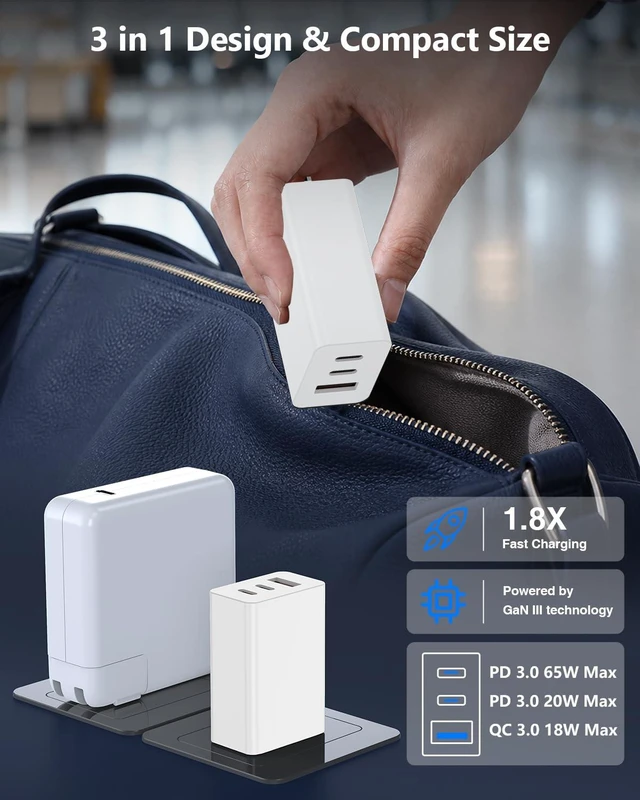 Alt view image 4 of 7 - 65W USB C Super Fast Charger for Samsung S26 Ultra,3-Port Type C Laptop Adapter Block with 3+6ft USB&3+6+10+10ft USBC Cable for Samsung Galaxy S26 Ultra S25/S24/S23,Tab,MacBook, iPhone 17/16-White