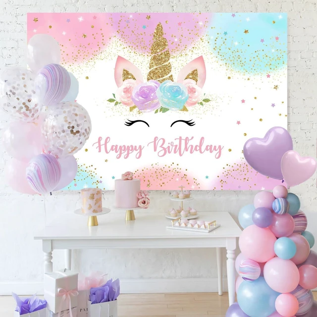 Alt view image 3 of 6 - Unicorn Birthday Decorations Backdrop for Girls Party 6x4ft Pastel Rainbow Glitter Stars Dots Happy Birthday Banner Photo Booth Props