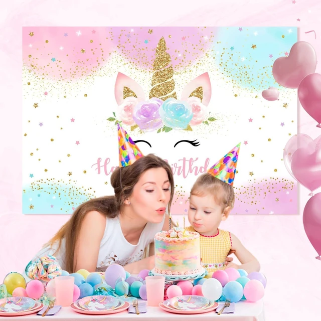 Alt view image 4 of 6 - Unicorn Birthday Decorations Backdrop for Girls Party 6x4ft Pastel Rainbow Glitter Stars Dots Happy Birthday Banner Photo Booth Props