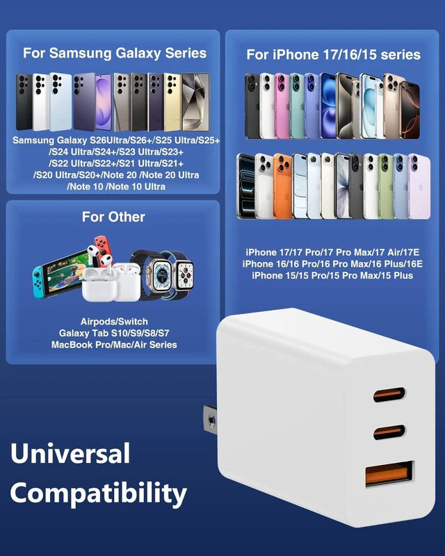 Alt view image 7 of 7 - 65W USB C Super Fast Charger for Samsung S26 Ultra,3-Port Type C Laptop Adapter Block with 3+6ft USB&3+6+10+10ft USBC Cable for Samsung Galaxy S26 Ultra S25/S24/S23,Tab,MacBook, iPhone 17/16-White