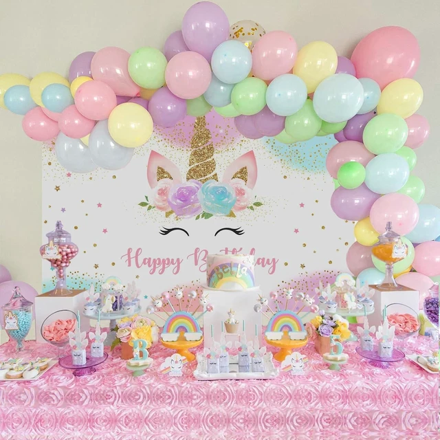 Alt view image 2 of 6 - Unicorn Birthday Decorations Backdrop for Girls Party 6x4ft Pastel Rainbow Glitter Stars Dots Happy Birthday Banner Photo Booth Props