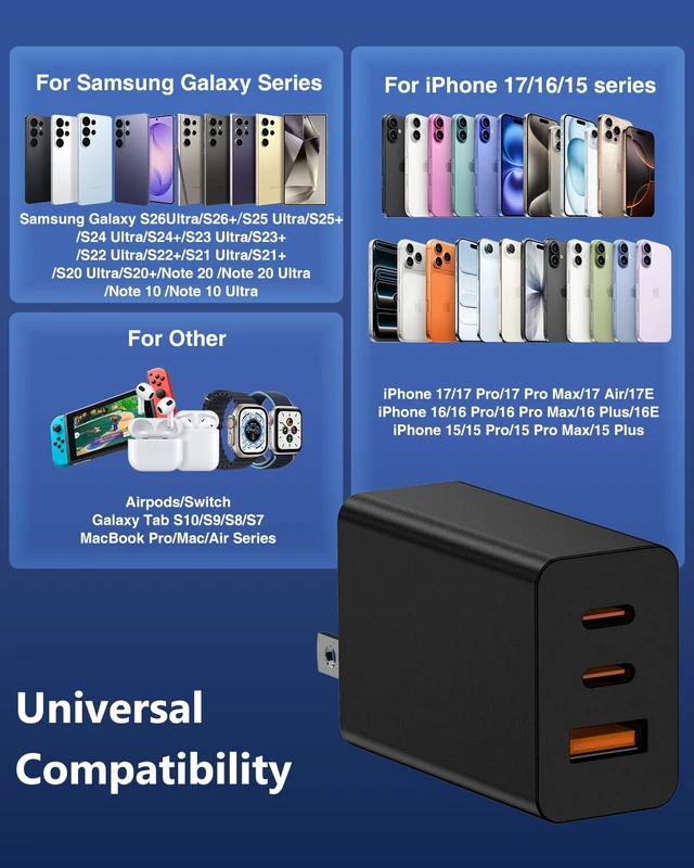 Alt view image 7 of 7 - 65W USB C Super Fast Charger for Samsung S26 Ultra,3-Port Type C Laptop Adapter Block with 3+6ft USB&3+6+10+10ft USBC Cable for Samsung Galaxy S26 Ultra S25/S24/S23,Tab,MacBook, iPhone 17/16-Black