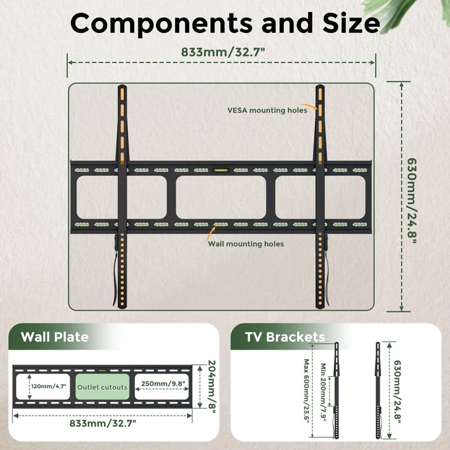 Alt view image 2 of 7 - Fixed TV Wall Mounts- Low Profile TV Bracket Mounts for Most 50-100" LED/LCD Flat Screen TVs, 0.63''Ultra Slim, Max.VESA 800X600, Up to 220lbs Capacity