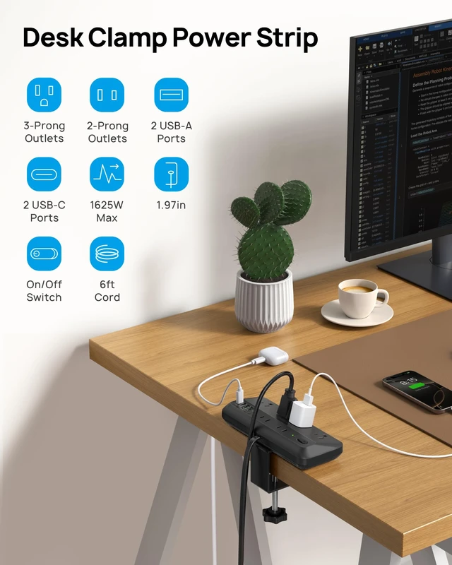 Alt view image 2 of 7 - 20W USB C Desk Clamp Power Strip Fit 1.97" Tabletop, ETL List, 6ft 1700J Surge Protector with 6 Outlets, Desktop Edge Mount Extension Cord,Flat Plug for Teacher Must Haves, Office, Black