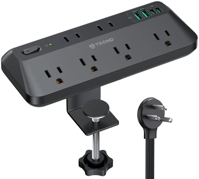 Main image of 20W USB C Desk Clamp Power Strip Fit 1.97" Tabletop, ETL List, 6ft 1700J Surge Protector with 6 Outlets, Desktop Edge Mount Extension Cord,Flat Plug for Teacher Must Haves, Office, Black