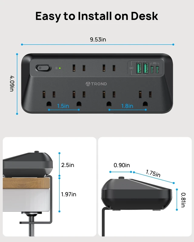 Alt view image 3 of 7 - 20W USB C Desk Clamp Power Strip Fit 1.97" Tabletop, ETL List, 6ft 1700J Surge Protector with 6 Outlets, Desktop Edge Mount Extension Cord,Flat Plug for Teacher Must Haves, Office, Black