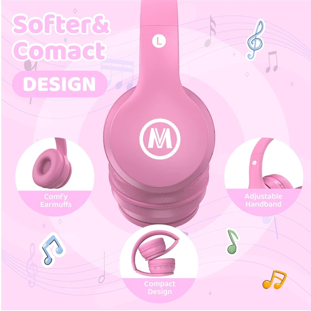 Alt view image 6 of 7 - Headphones Kids Bluetooth 5.4 Wireless Play Time 68H Safe Volume Limit 85/94dB Over-Ear Foldable Headset,Fast Charging,with Aux Cord Built-in Mic for Toddler Child Pad Study Tablet Pink