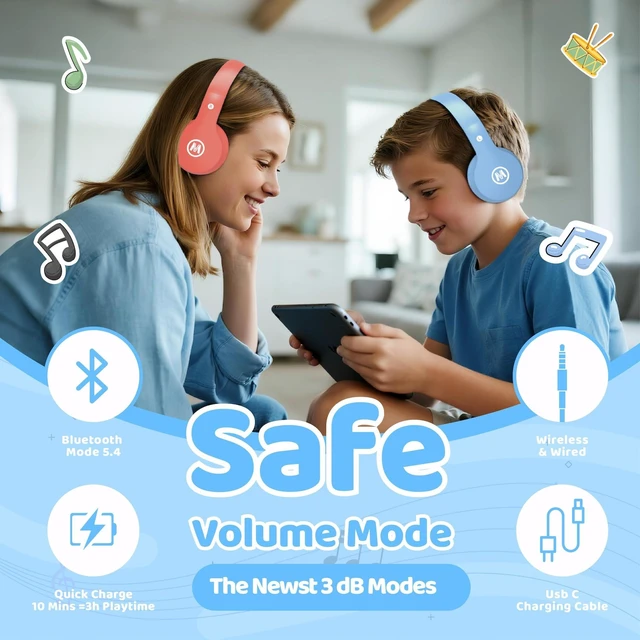 Alt view image 2 of 7 - Headphones Kids Bluetooth 5.4 Wireless Play Time 68H Safe Volume Limit 85/94dB Over-Ear Foldable Headset,Fast Charging,with Aux Cord Built-in Mic for Toddler Child Pad Study Tablet Blue
