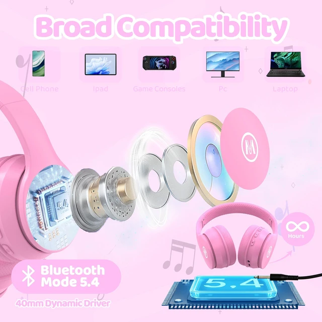Alt view image 7 of 7 - Headphones Kids Bluetooth 5.4 Wireless Play Time 68H Safe Volume Limit 85/94dB Over-Ear Foldable Headset,Fast Charging,with Aux Cord Built-in Mic for Toddler Child Pad Study Tablet Pink