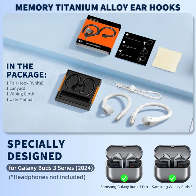 Alt view image 2 of 7 - Anti-Slip Ear Hooks for Galaxy Buds 3 Pro (2024) & Galaxy Buds 3 FE (2025), Comfortable Fit Sports Anti-Loss Memory Titanium Alloy Ear Hooks Compatible for Samsung Buds 3 Earbuds w/Lanyard, White