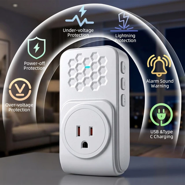 Alt view image 3 of 7 - Surge Protector for Home Appliances, 1800J Single Outlet Wall Mount with Audible Alarm & Voltage Delay Recovery, Over/Under Voltage Cut-Off, 15A 1800W Heavy Duty Plug for Refrigerator, Freezer, PC