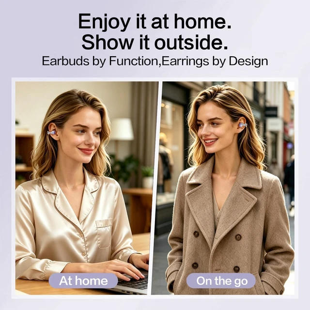 Alt view image 3 of 7 - 2026 Open Ear Clip On Earbuds with Detachable Butterfly Earrings, Bluetooth 6.0 Wireless Headphones for Women, 50H Playtime, Lightweight & Pain-Free Fit for Small Ears, IPX6 Great Gift Purple