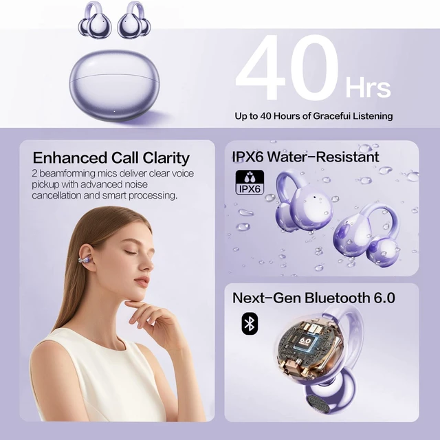 Alt view image 7 of 7 - 2026 Open Ear Clip On Earbuds with Detachable Butterfly Earrings, Bluetooth 6.0 Wireless Headphones for Women, 50H Playtime, Lightweight & Pain-Free Fit for Small Ears, IPX6 Great Gift Purple