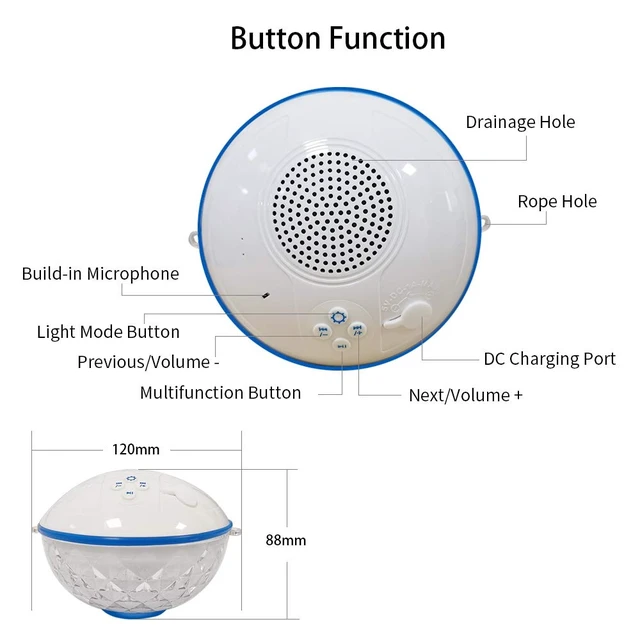 Alt view image 7 of 7 - Floating Pool Speaker w/Colorful Lights, Portable Wireless Pool Speaker Bluetooth Waterproof IP68, Built-in Mic & Crystal Clear Sound Floating Hot Tub Speakers for Pools Party Outdoor (White)