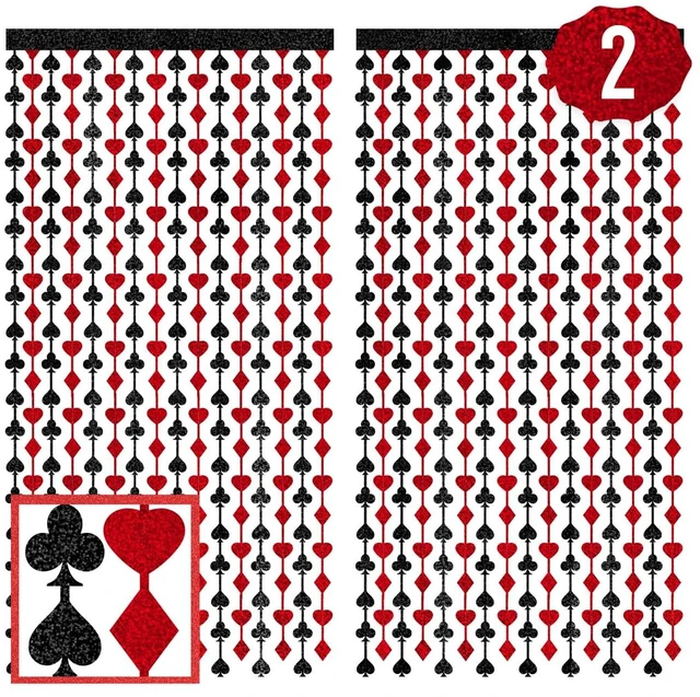 Main image of 2pk Red Black Casino Curtain Vegas Poker Bachelorette Party Party Decorations, Set of 2, Card Game, Bachelorette Supplies, Birthday Photo Booth, Party Backdrop