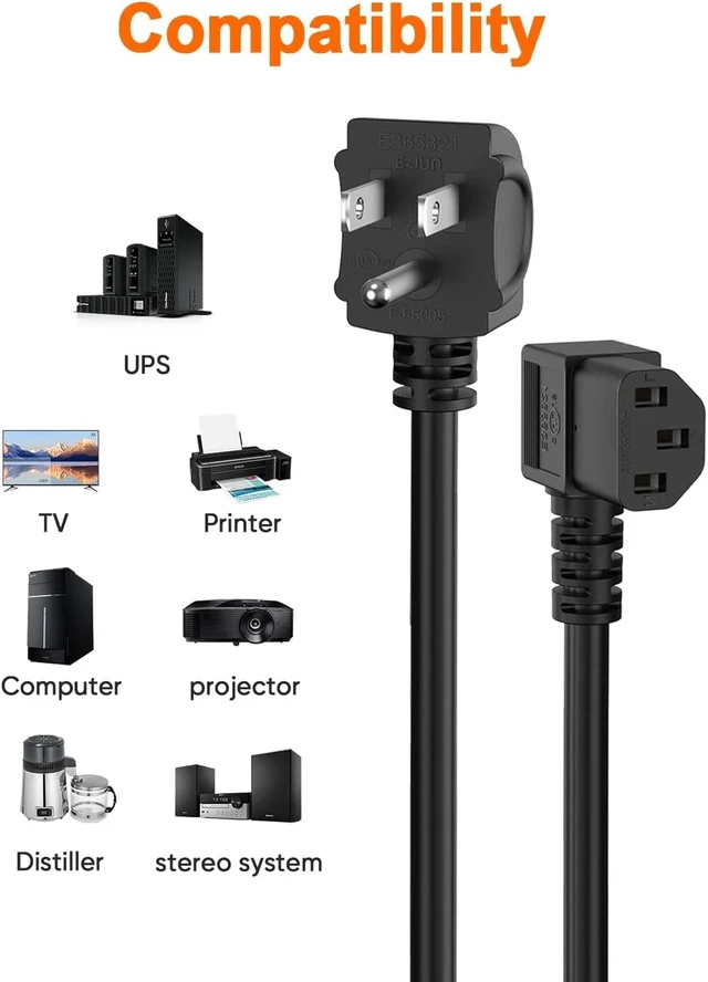 Alt view image 3 of 7 - 3FT 18AWG Universal Power Cord 2Pack NEMA 5-15P to IEC320 C13 for NEMA 5-15P Angle Type to IEC320 C13 Angle Type, 0.9m, Black