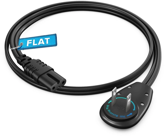 Main image of TV Power Cord 1 Ft, 2-Prong IEC C7, Black, 360 Rotating Flat Plug, UL Works with gaming consoles, speakers, printers, and all IEC C7-compatible electronics