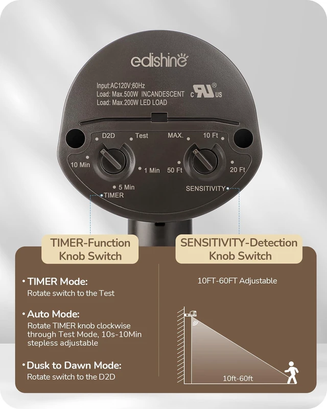 Alt view image 3 of 7 - 180° Motion Sensor, Adjustable Time/Range to 60FT, 3 Modes, Brown Replacement PIR Montion Detector, Adjustable Sensor Neck & Delay Time, Compatible with Security Floodlights, UL Listed
