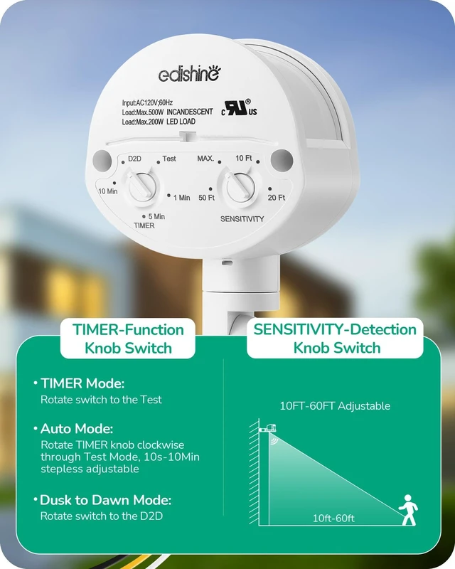 Alt view image 3 of 7 - 180° Motion Sensor, Adjustable Time/Range to 60FT, 3 Modes, White Replacement PIR Montion Detector, Adjustable Sensor Neck & Delay Time, Compatible with Security Floodlights, UL Listed