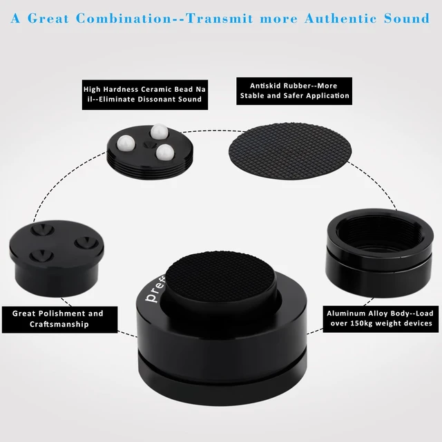 Alt view image 4 of 6 - 4 Pcs Turntable Anti-Vibration Isolation Feet Speaker Feet Isolators Subwoofer Shock Absorber Stand Speaker Cone Pads with Ceramic Beads for DAC Recorder, HiFi Amplifier (Aluminum Alloy)