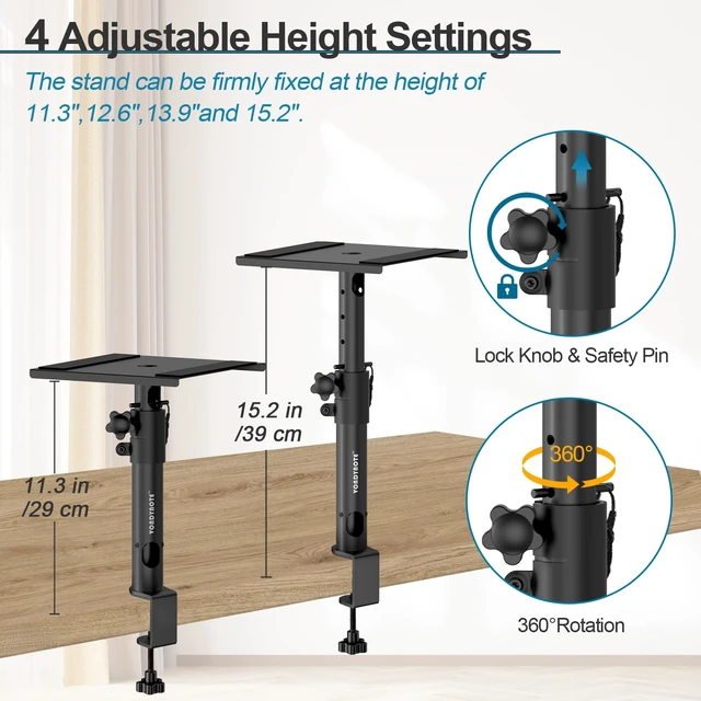 Alt view image 3 of 7 - Studio Monitor Stands Desk Clamp Speaker Stands with Cable Hole Set of 2, Desktop Mount, 11.3"-15.2" Height Adjustable, Cable Management, For Monitor Speakers Laptop Projector CD Player