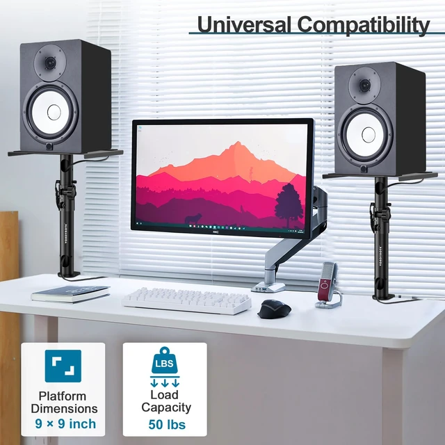 Alt view image 7 of 7 - Studio Monitor Stands Desk Clamp Speaker Stands with Cable Hole Set of 2, Desktop Mount, 11.3"-15.2" Height Adjustable, Cable Management, For Monitor Speakers Laptop Projector CD Player