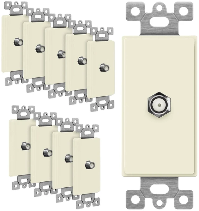 Main image of Coaxial Television Cable Jack Adapter Insert for Decorator Wall Plates, F-Type F81 Coupler Connector, Unbreakable Polycarbonate Thermoplastic, UL Listed, 6505-LA-10PCS, Light Almond, 10 pack